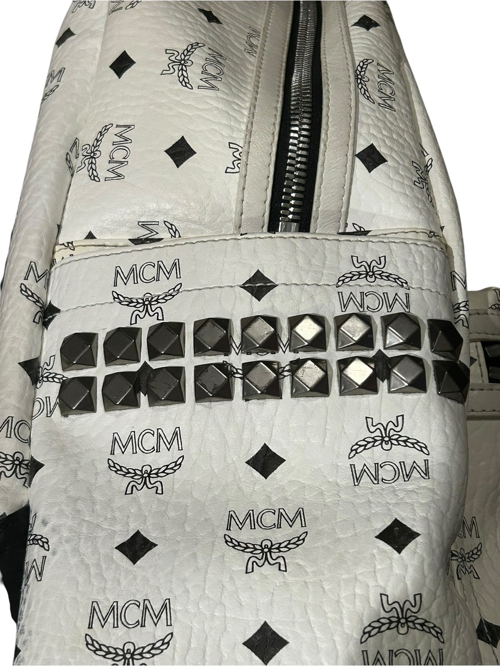 Authentic MCM Stark Backpack White Blue Visetos Size Medium Side Studs Unisex - Picture 5 of 14